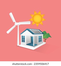 Flat isometric 3d illustration concept of house with solar panel energy and windmill