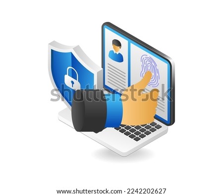 Flat isometric 3d illustration concept of entering fingerprint security on computer