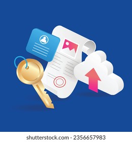Ilustración 3d isométrica plana de datos personales confidenciales en servidor cloud