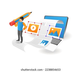 Flat isometric 3d illustration creative man set blogger article pictures