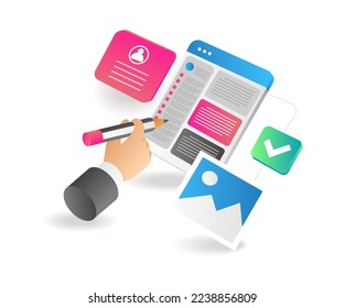Flat isometric 3d illustration creative make blog article display