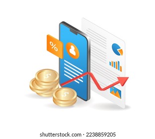 Flat isometric 3d illustration earn money from online business with cell phone