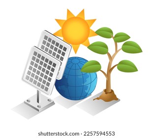 Flat isometric 3d illustration eco green concept with solar panels