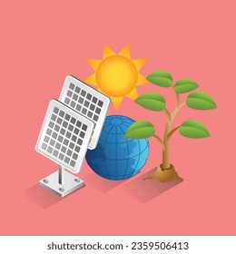 Ilustración isométrica plana 3d concepto ecológico verde con paneles solares