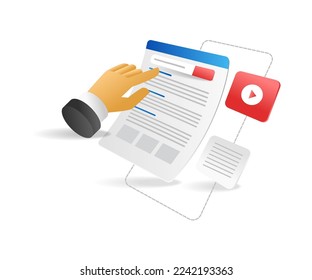 Flat isometric 3d illustration entering keywords to search information in search engine