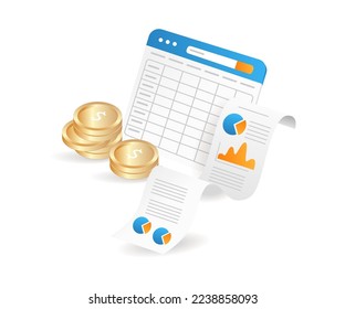 Flat isometric 3d illustration form monthly business income analysis