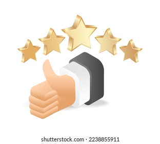 Flat isometric 3d illustration hand giving 5 star review