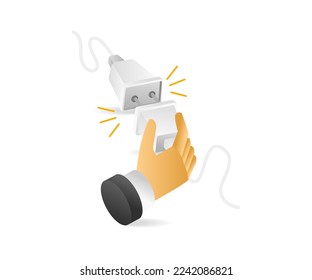 Flat isometric 3d illustration of hands connecting electrical plugs