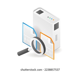 Flat isometric 3d illustration looking for important data on server