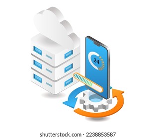 Flat isometric 3d illustration of maintenance process with smartphone