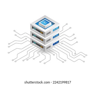 Flat isometric 3d illustration octopus network artificial intelligence cloud server data concept