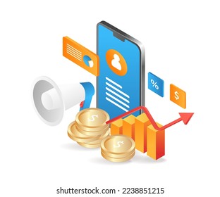 Flat isometric 3d illustration online business campaign with cell phone