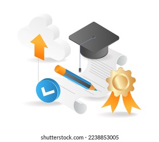Flat isometric 3d illustration of online education with data on cloud server