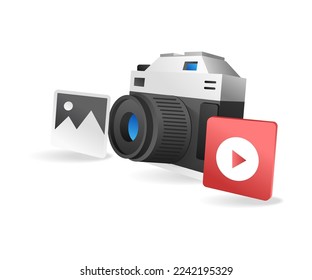 Flat isometric 3d illustration of photo and video camera concept