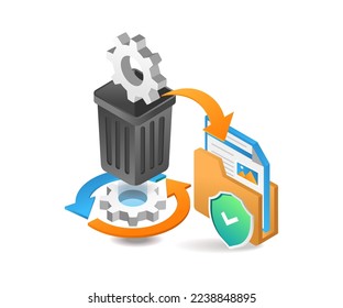 Flat isometric 3d illustration process of processing data trash to be safe