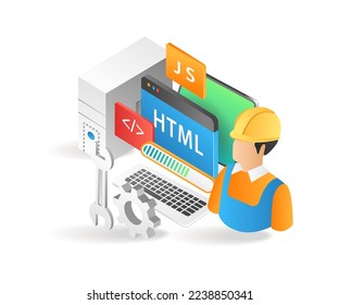 Flat isometric 3d illustration programmer web application developer and maintainer