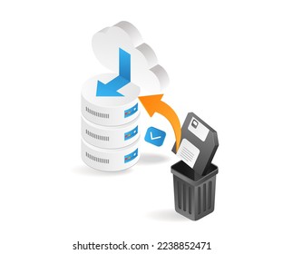 Flat isometric 3d illustration of recovering data from trash