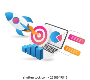 Flat isometric 3d illustration rocket launch analysis