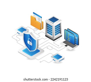 Flat isometric 3d illustration server computer cloud security network concept