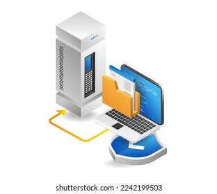 Flat isometric 3d illustration server computer data security concept