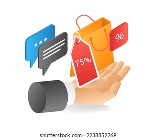 Flat isometrische 3D-Illustration von Einkaufsrabatt auf der Hand