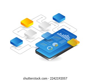 Flat isometric 3d illustration smartphone network application maintain analysis concept