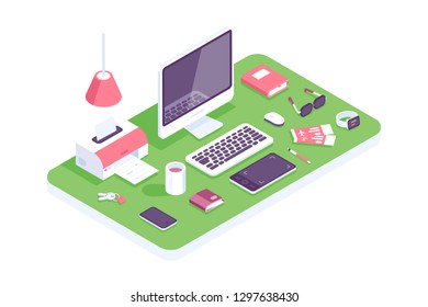 Flat isometric 3d technology workspace concept vector. Laptop, smartphone, tablet, book, desktop computer, headphones, devices, printer, armchair set.  Work place at home, Designers, it, office. Home