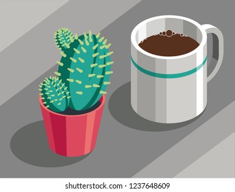 Flat isometric 3d workspace concept vector. Devices set on gray background. Cup of coffee and cactus.