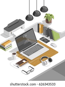 Flat isometric 3d workspace concept vector. Devices set on white background. Laptop, smart phone, tablet, player, desktop computer, glasses, cup of coffee, notebook, headphones.