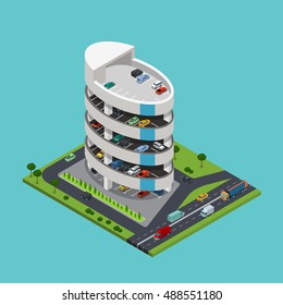Flat isometric 5 level Parking building with roads around vector illustration. 3d isometry modern city facilities and services architecture collection.
