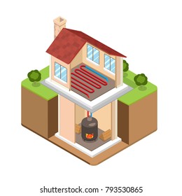 Flat Isometric Alternative Energy Efficient Building Vector Illustration. 3d Isometry Eco Friendly Architecture Concept. Solid Fuel Wood Fired Boiler For Water Heating. Warm Floor At House Living Room