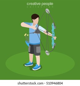 Flat isometric archer aiming with bow vector illustration. Individual sports 3d isometry concept.