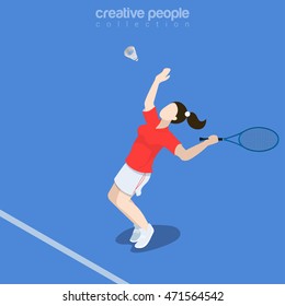 Flat isometric Badminton Player vector illustration. Sportswoman 3d isometry image. Summer international competition concept.