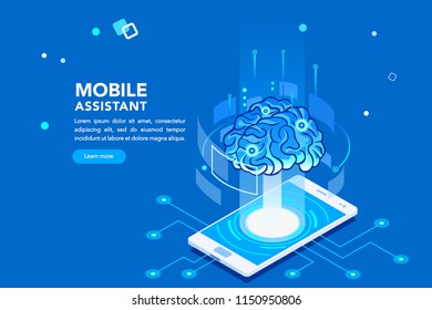 Flat isometric banner, ai of the future. Smartphone or geometric laptop mind, machine application with assistant connection. Pc for learning. Engineering technology, artificial intelligence concept.