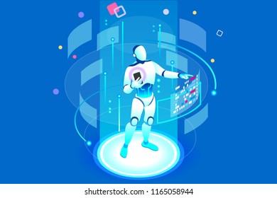 Flat isometric banner, ai of the future. Smartphone or geometric laptop mind, machine application with assistant connection. Pc for learning. Engineering technology, artificial intelligence concept.