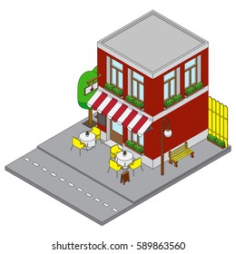 Flat isometric building block small coffee shop eatery restaurant infographic concept. Build your own infographic world collection. A coffee shop with tables illustration
