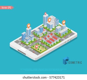 Flat isometric buildings on smartphone screen, Smart city app infographics template vector illustration. 3d isometry Mobile application concept.
