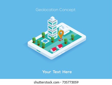 Flat isometric buildings on smartphone screen, Smart city app infographics template vector illustration. Geo location application concept.