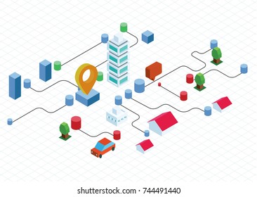 Flat isometric buildings. Isometric technology city. infographics template vector illustration. Geo location application concept.
