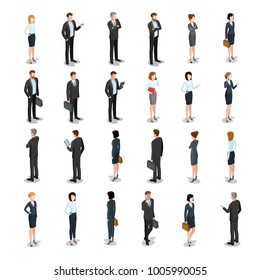 Flat Isometric Business People Characters Vector Icon Set Collection. 3d Isometry Male And Female Persons In Strict Elegant Office Clothes. Businessmen And Businesswomen. Front Back View, Devices