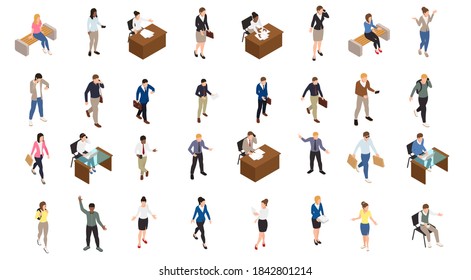 Flat isometric business people characters vector icon set collection. 3d isometry male and female persons in strict elegant office clothes. Businessmen and businesswomen. Front & back views.