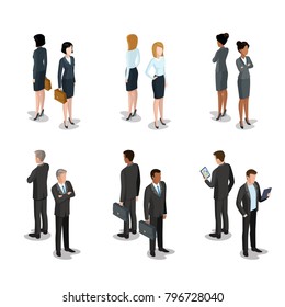 Colección de iconos vectoriales de personajes empresariales isométricos planos. Personas de tres dimensiones, hombres y mujeres, vestidos con ropa de oficina elegante y estricta. Empresarios y empresarias. Vista posterior frontal, dispositivos