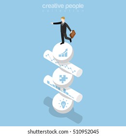 Flat isometric Businessman balancing on sphere and cylinder pyramid vector illustration. 3d isometry Data analysis and successful business concept.