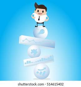 Flat isometric Businessman balancing on sphere and cylinder pyramid vector illustration
