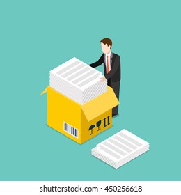 Iluminación vectorial de rutina de papeleo isométrica plana de Businessman. 
Concepto de isometría 3d del negocio de preparación de documentos.