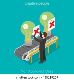 Flat isometric Businessman refuse ideas on conveyor vector illustration. Unapproved startup business 3d isometry concept.