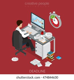 Flat isometric businessman works in a hurry vector illustration. 3d isometry rush for deadline, out of schedule business concept.