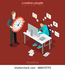 Flat isometric businessman works in a hurry, leader with big clock vector illustration. 3d isometry rush for Deadline, out of schedule business concept. Boss or manager.