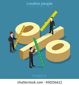 Flat isometric Businessmen measure huge percentage sign vector illustration. 
Analytics business 3d isometry concept.