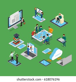 Flat isometric businesspeople brainstorming on tablet screen, working on laptop, meeting on smartphone, climbing monitor vector illustration set. 3d isometry business technologies concept.